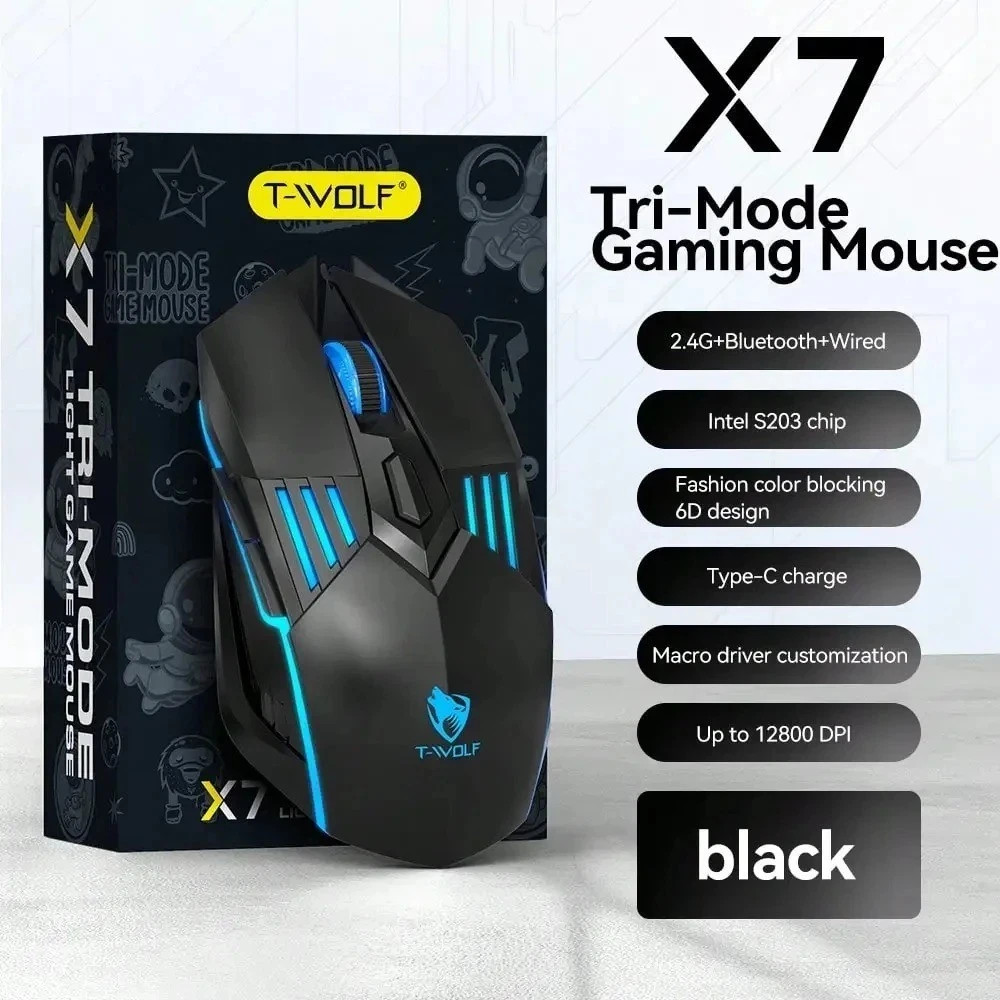 Tri Mode Gaming Mouse RGB 12800 DPI 1000Hz Wired USB 2.4G Bluetooth Macro White 