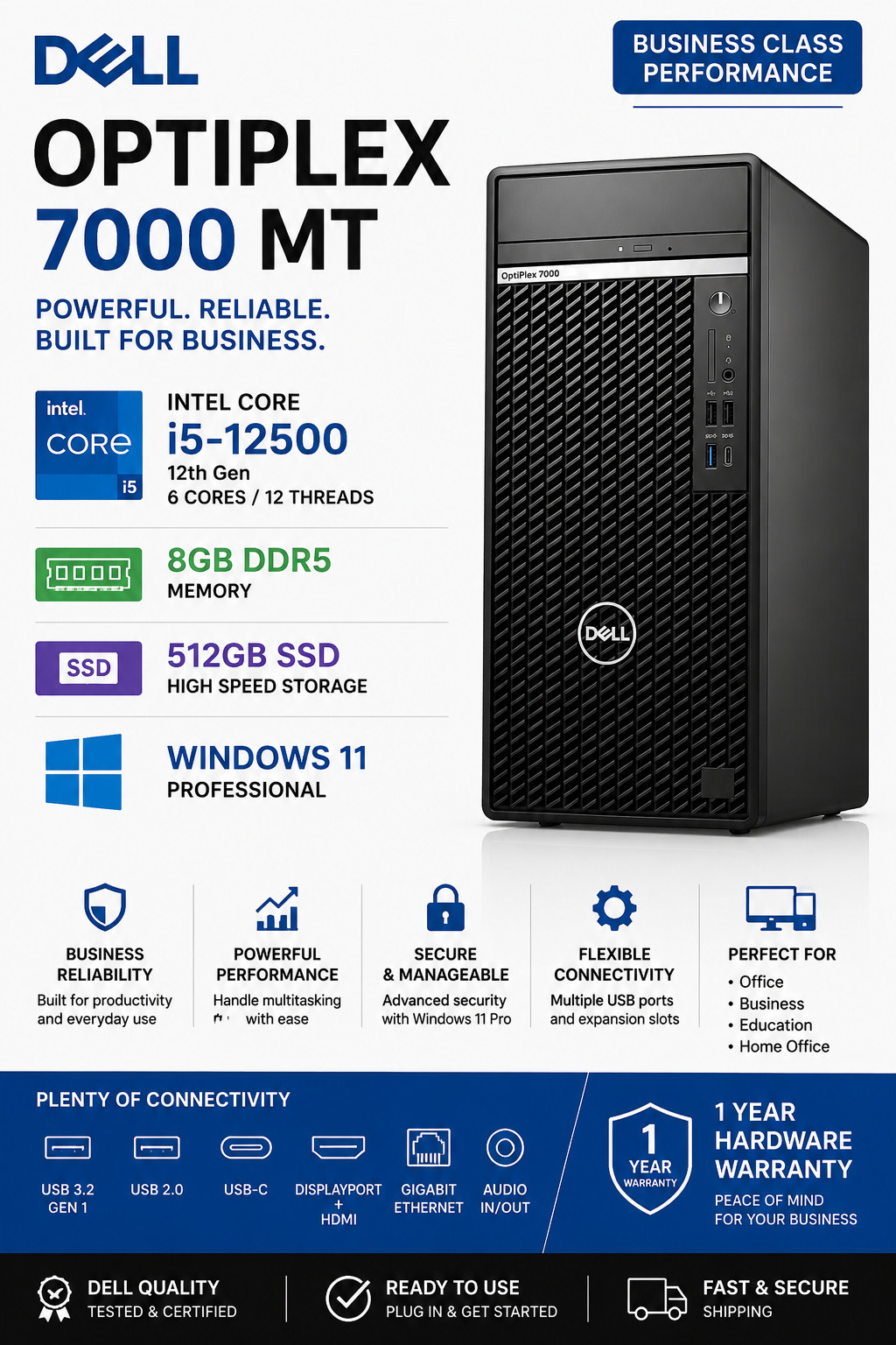 Dell OptiPlex 7000 MT i5-12500 8GB DDR5 512GB SSD Win 11 Pro Desktop