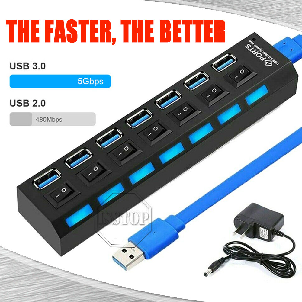 US 7 Port USB 3.0 HUB LED Powered High Speed Splitter Extender W/ Power Adapter