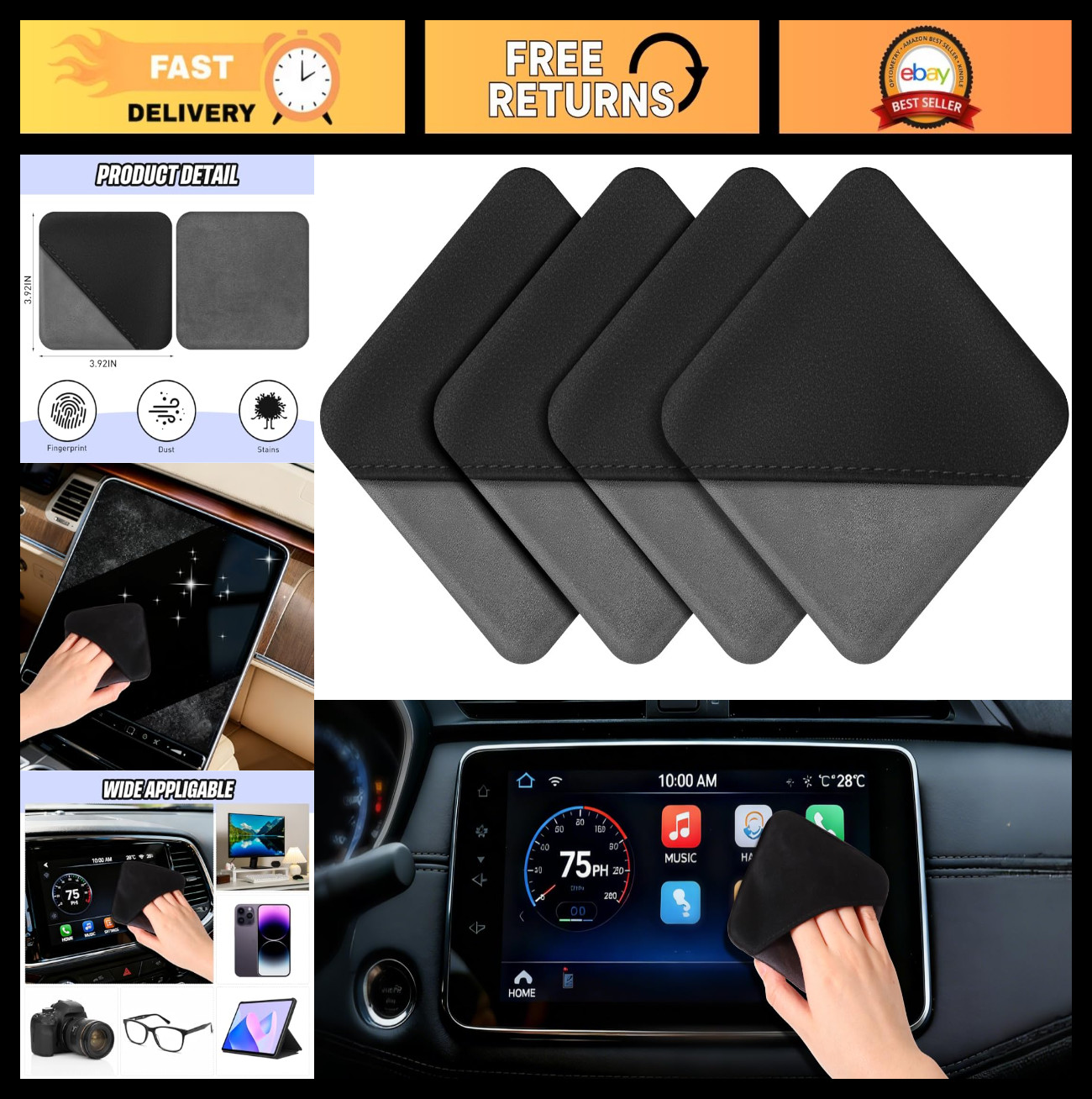 4 Pcs Microfiber Car Screen Cleaner Cloths - Touchscreen & Dashboard Wipes, 4.13
