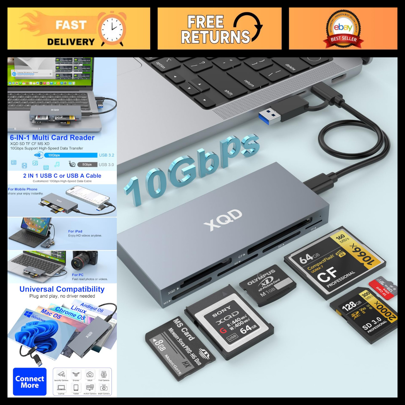 8-in-1 XQD Card Reader, 10Gbps USB C/3.0 Multi Memory Card Reader for SD/CF/MS/T