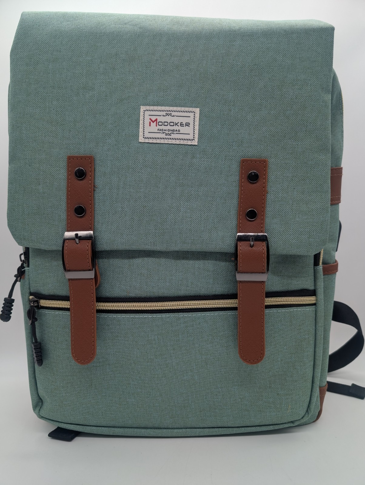 Modoker Vintage 15 inch Laptop Backpack with USB Charging Green With Brown Trim