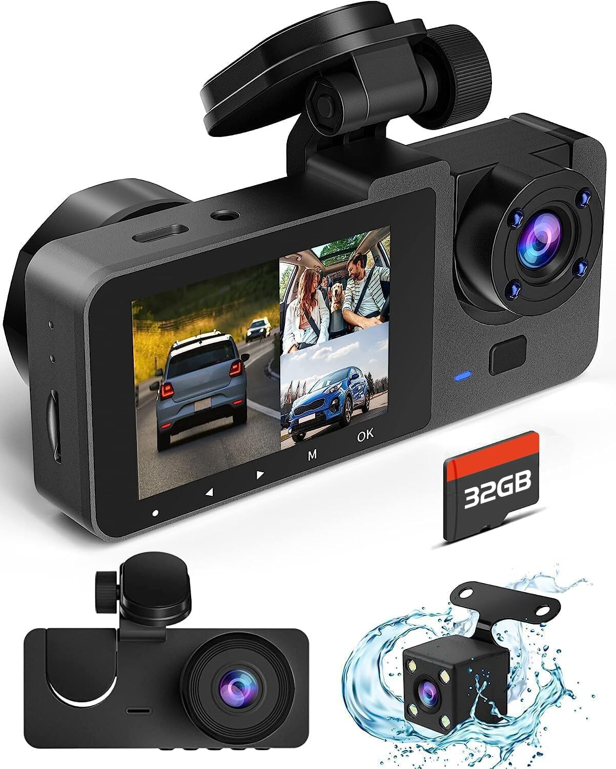 4K Dual Lens Car DVR Camera Dash Cam Front+Rear+Inside Video Recorder G-Sensor