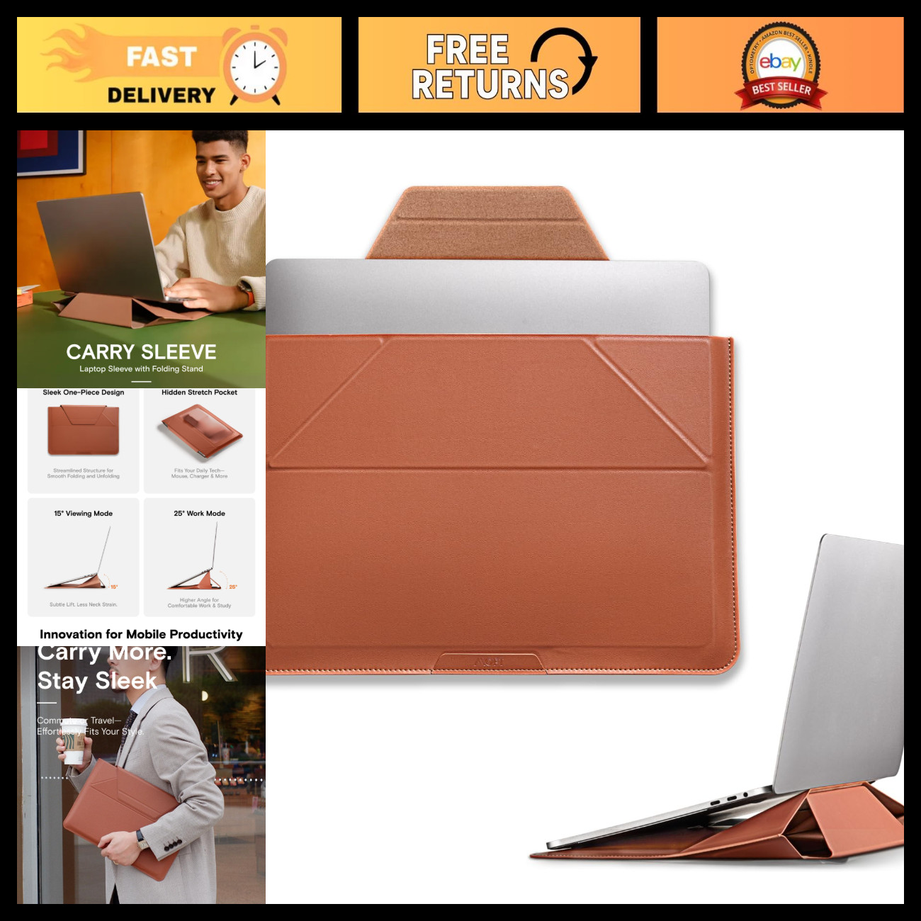 14" Laptop Sleeve with Stand & Smart Storage - Portable Carry Case for Work