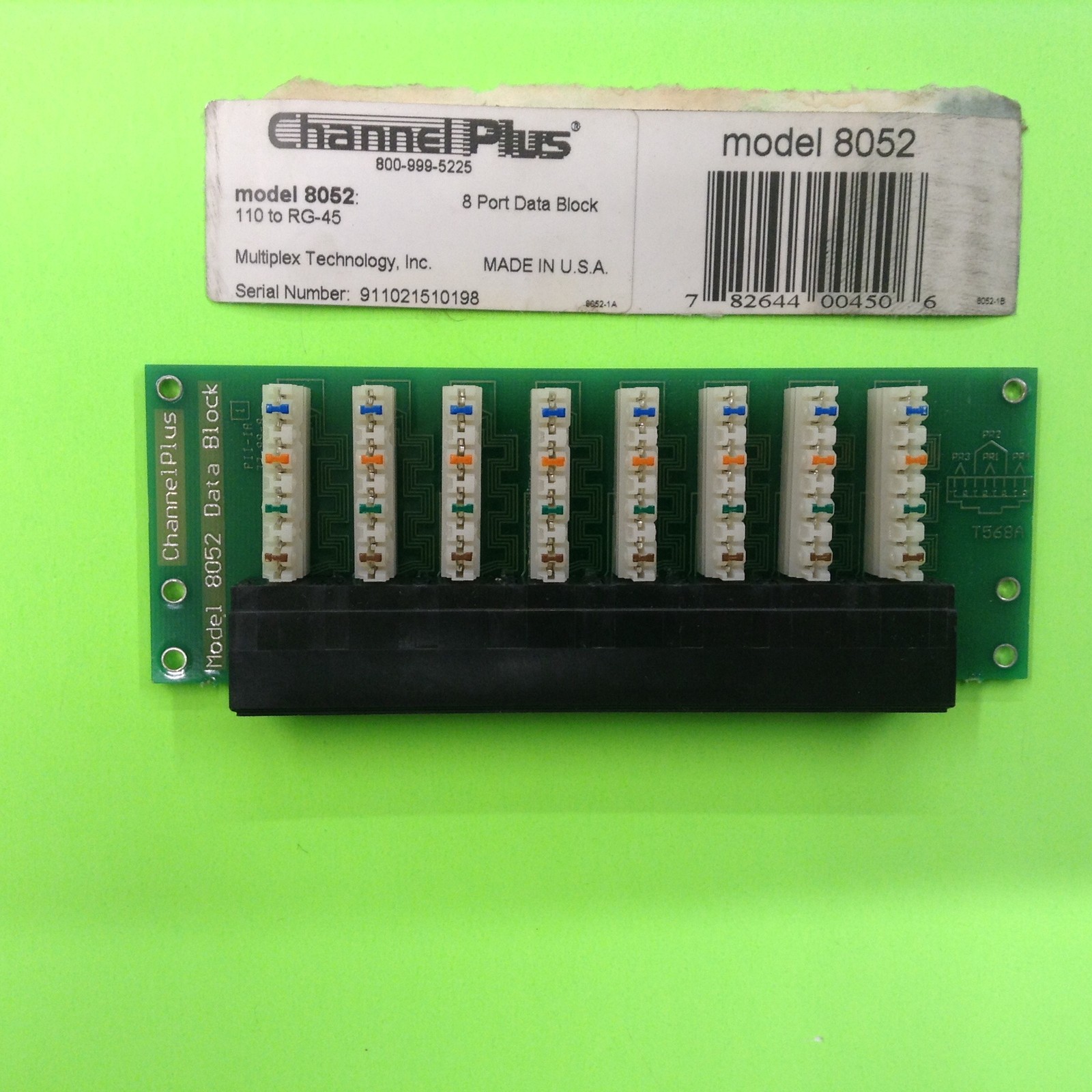 LAN Channel Plus 8052 520-096 8 Port Data Block 110 to RG-45 Port Jack IO Board