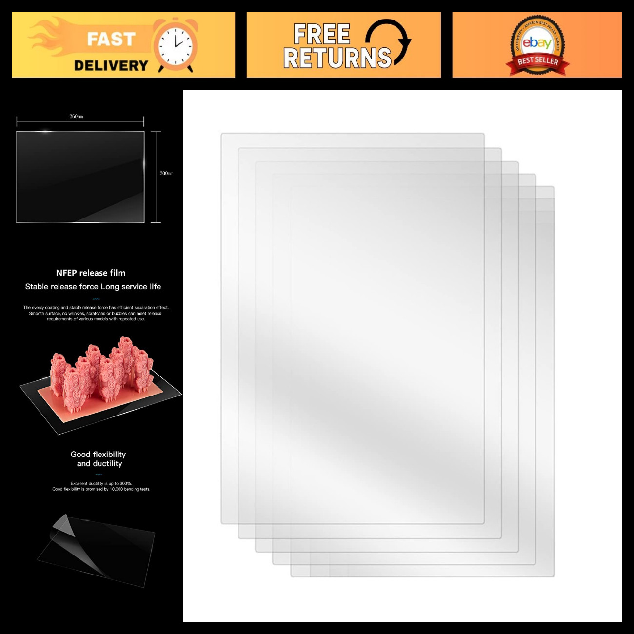 5PCS NFEP Release Film for Resin 3D Printers, 260x200mm, Compatible with Mars, S