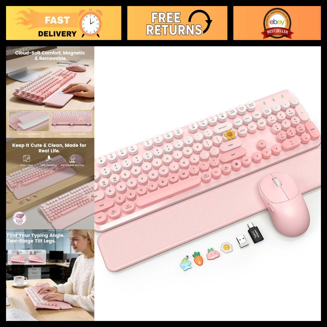 Wireless Keyboard & Mouse Set, Soft-Touch Wrist Rest, Ergonomic Design, Pink