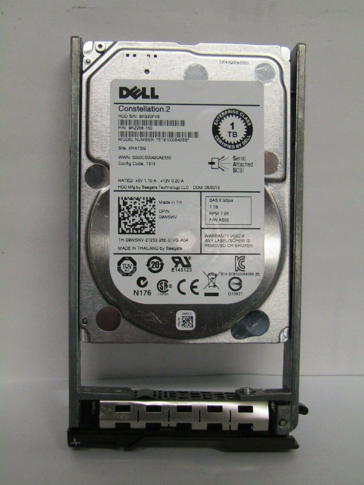 9W5WV DELL 09W5WV 1TB 7.2K 6G SFF SAS Hard Drive Seagate ST91000640SS w tray