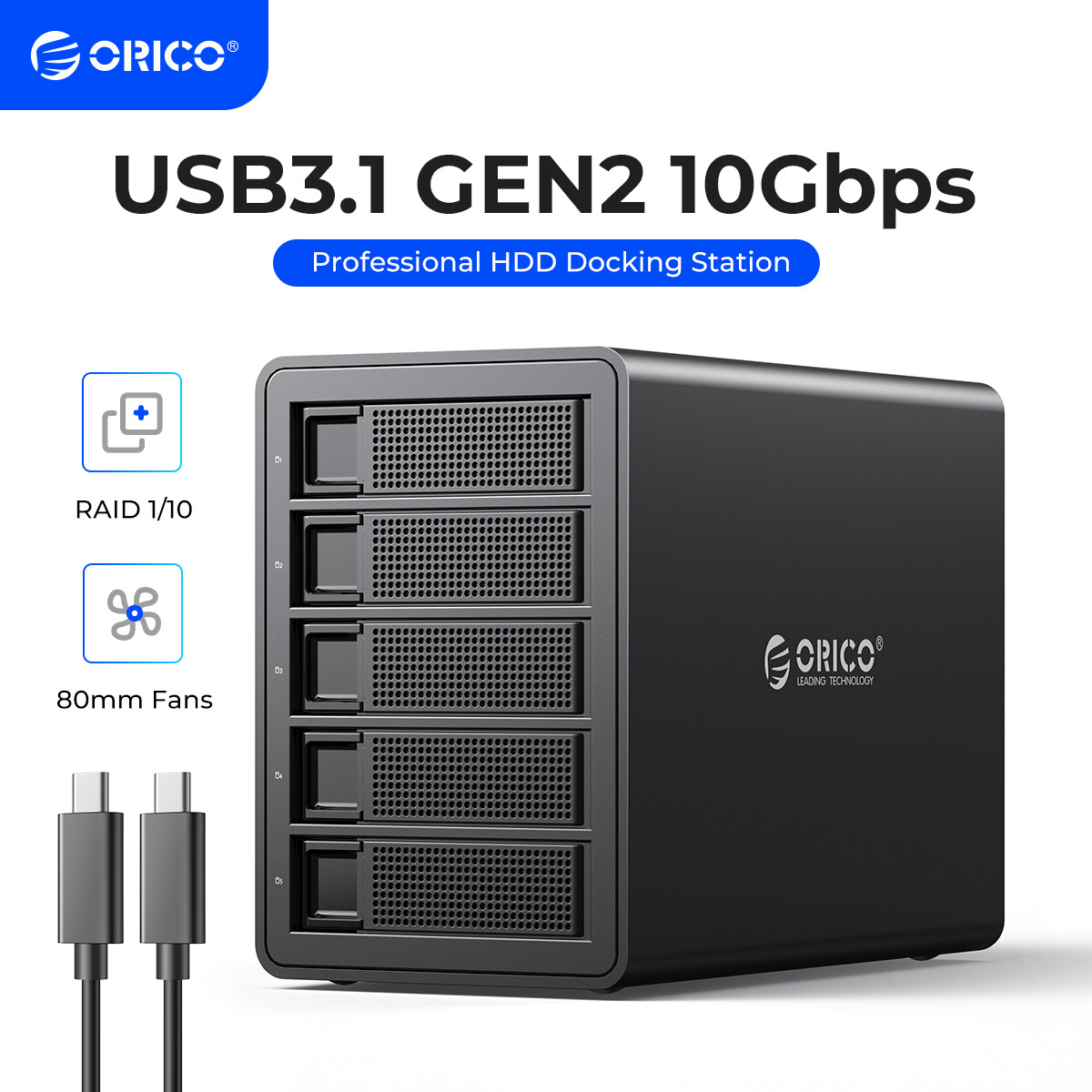 ORICO 5 Bay Hard Drive Enclosure Daisy Chain 10Gbps Type-C HDD Docking Station