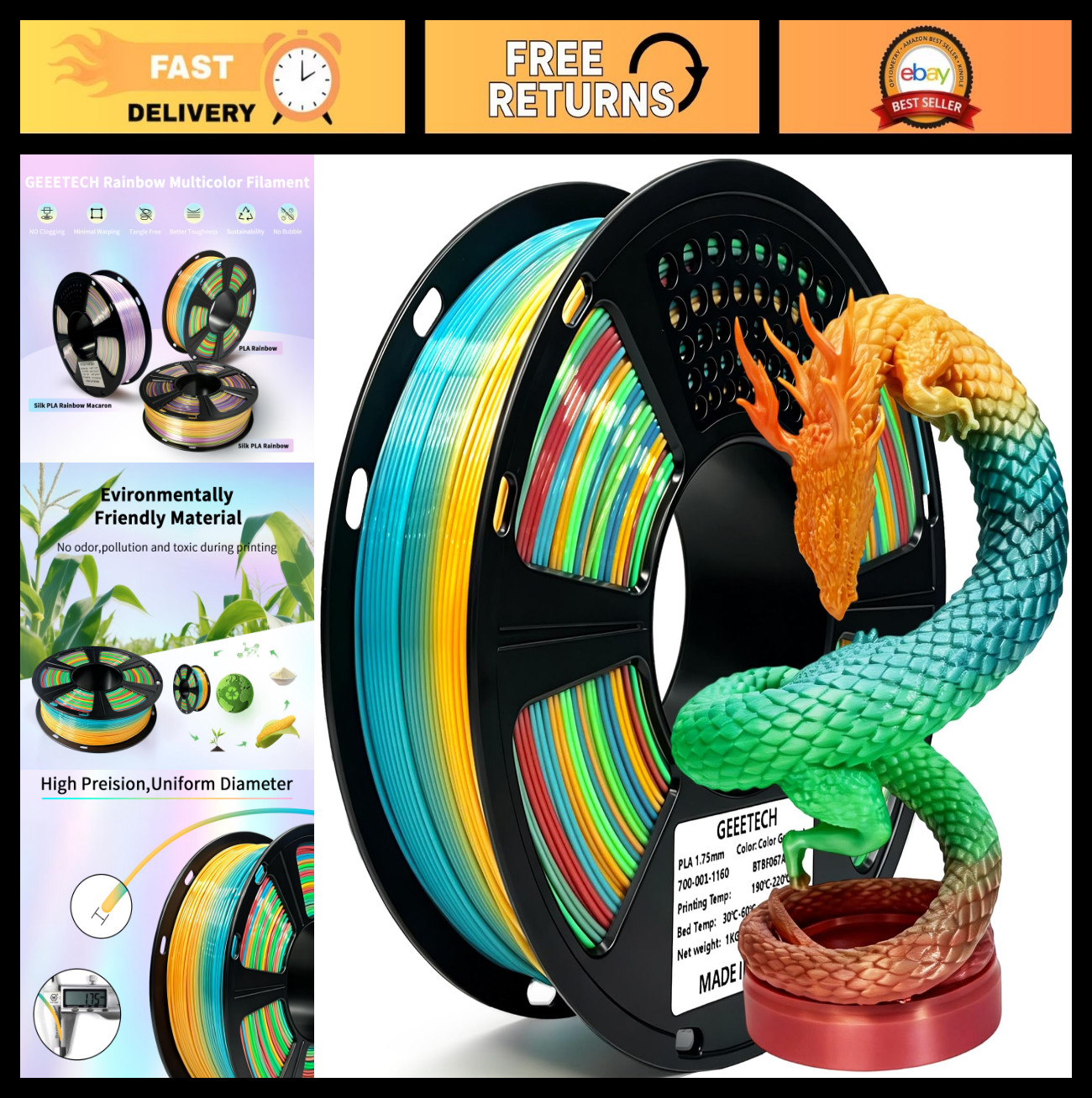 Multicolor 3D Printer Filament 1.75mm, Color Changing PLA 1kg Spool, High Accura