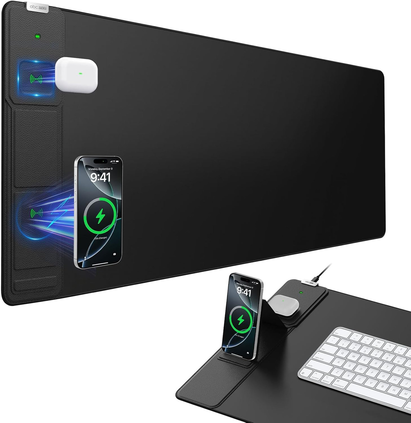 Wireless Charging Mouse Pad with Foldable Phone Holder 31.5x15.8 Waterproof Desk