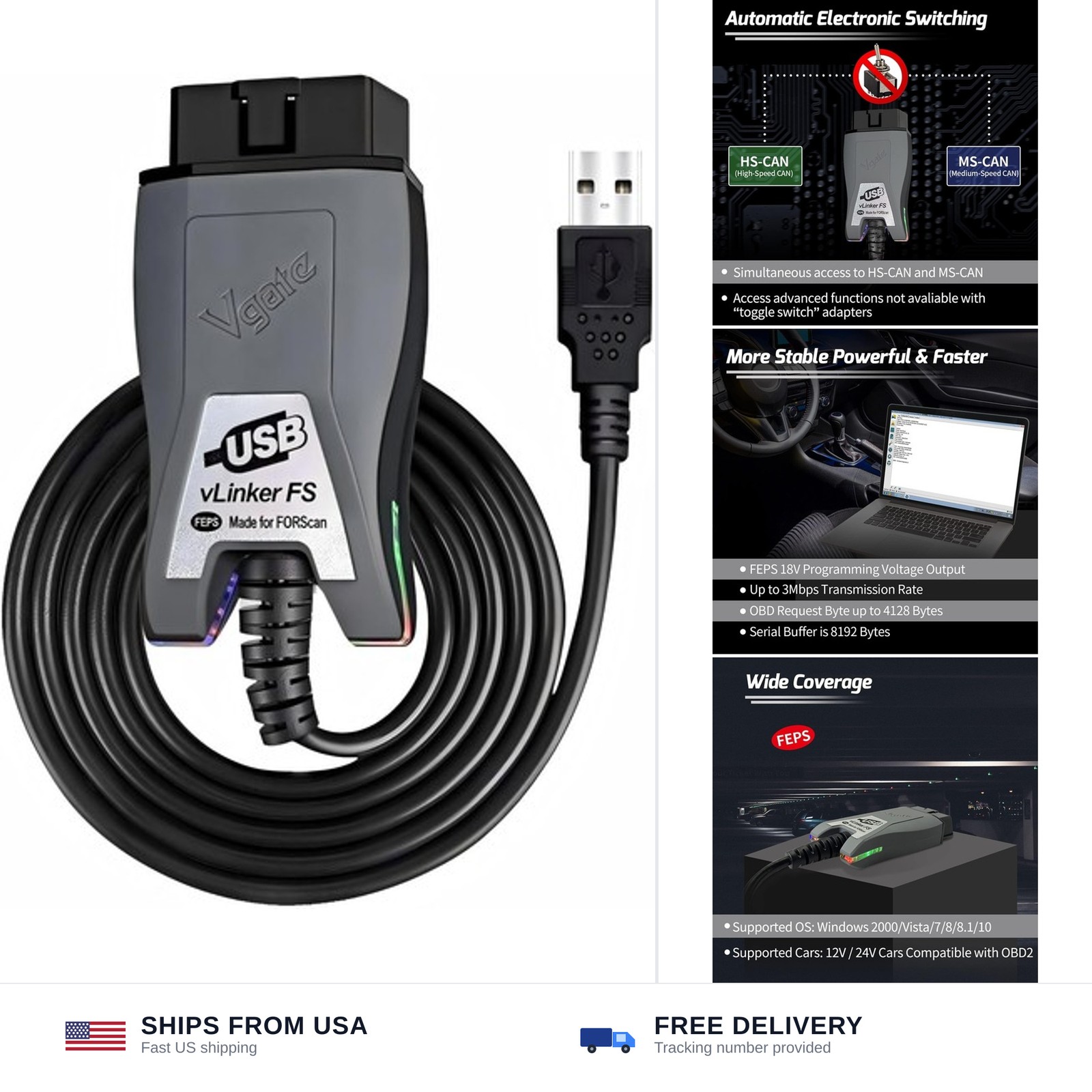 Vgate OBD2 USB adapter FORScan HS/MS-CAN auto switch ELM327 12V 24V vehicles