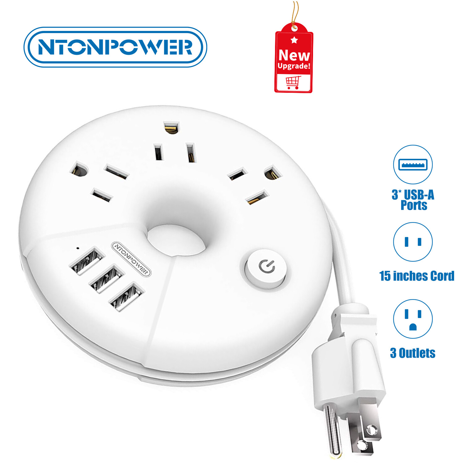 Travel Power Strip 3 Outlets 3 USB Ports Flat Plug 15inches Extension Cord