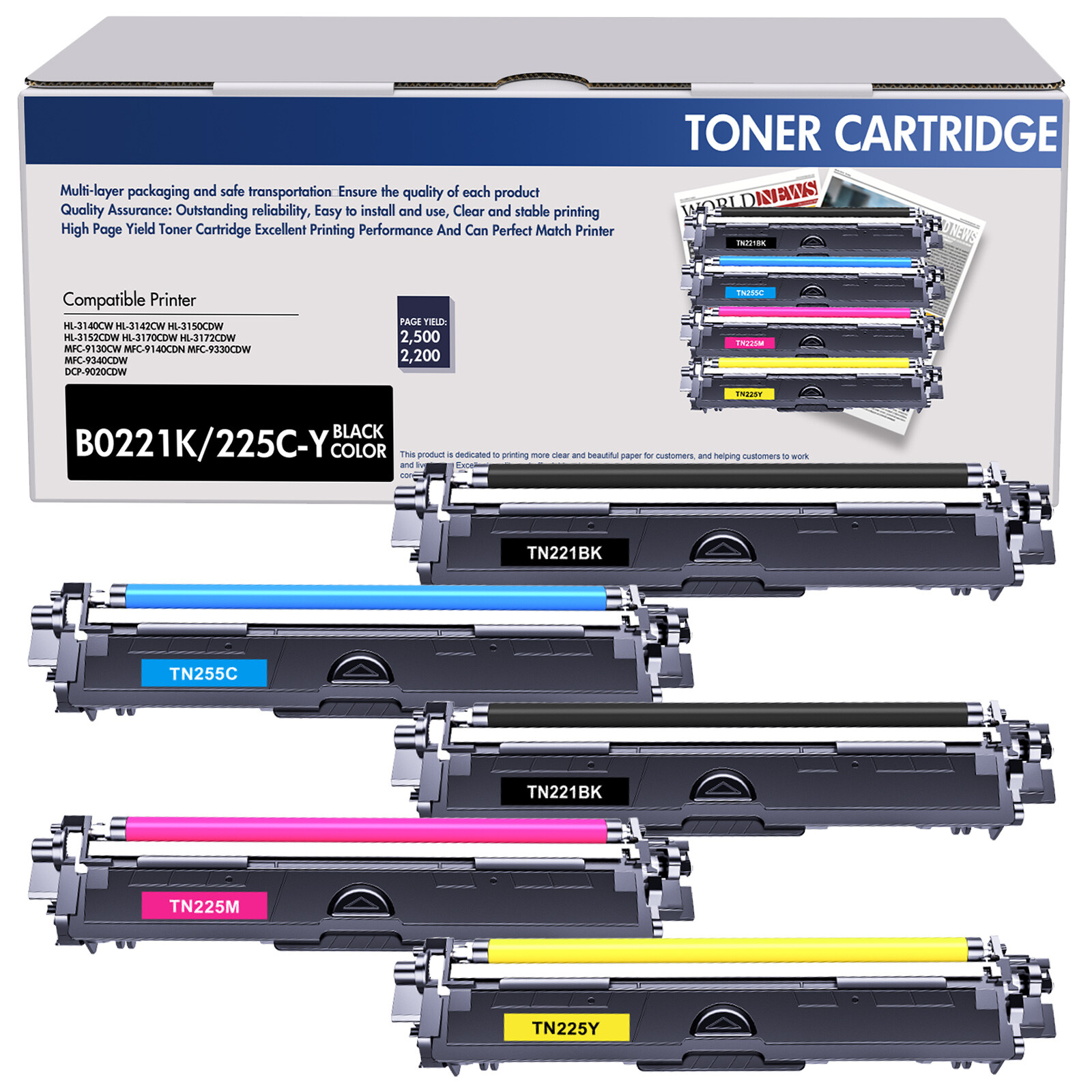 5PK Color TN221 TN225 Toner Fits for Brother HL-3150CDW MFC-9340CDW MFC-9130CW