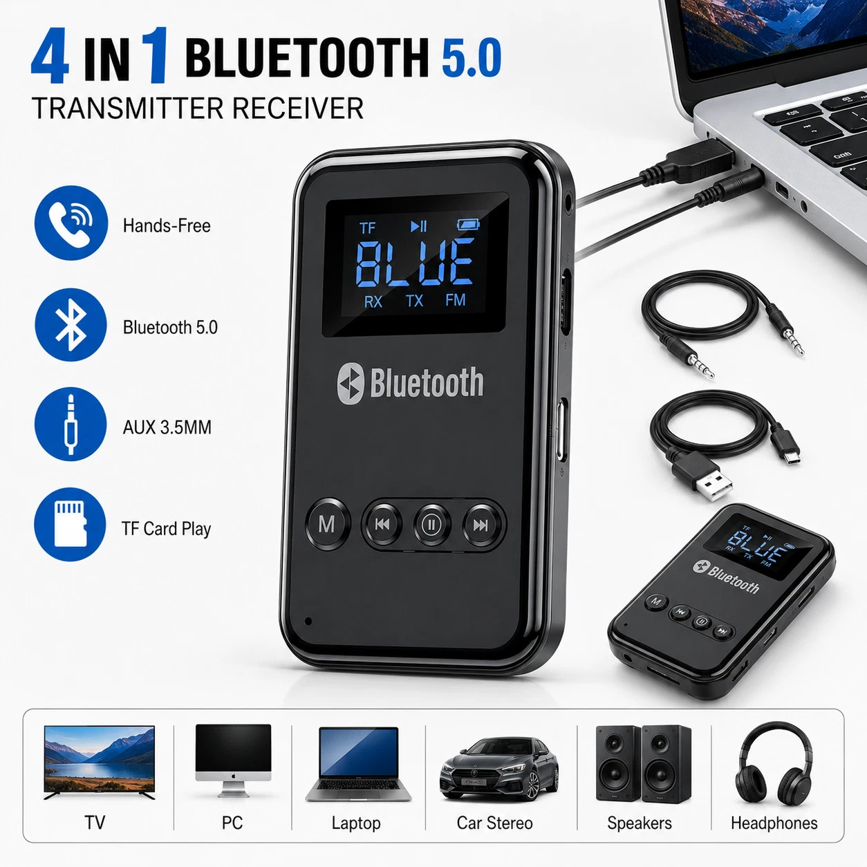 USB Bluetooth 5.0 Transmitter Receiver 4in1 Wireless Audio 3.5mm Aux Car LOT