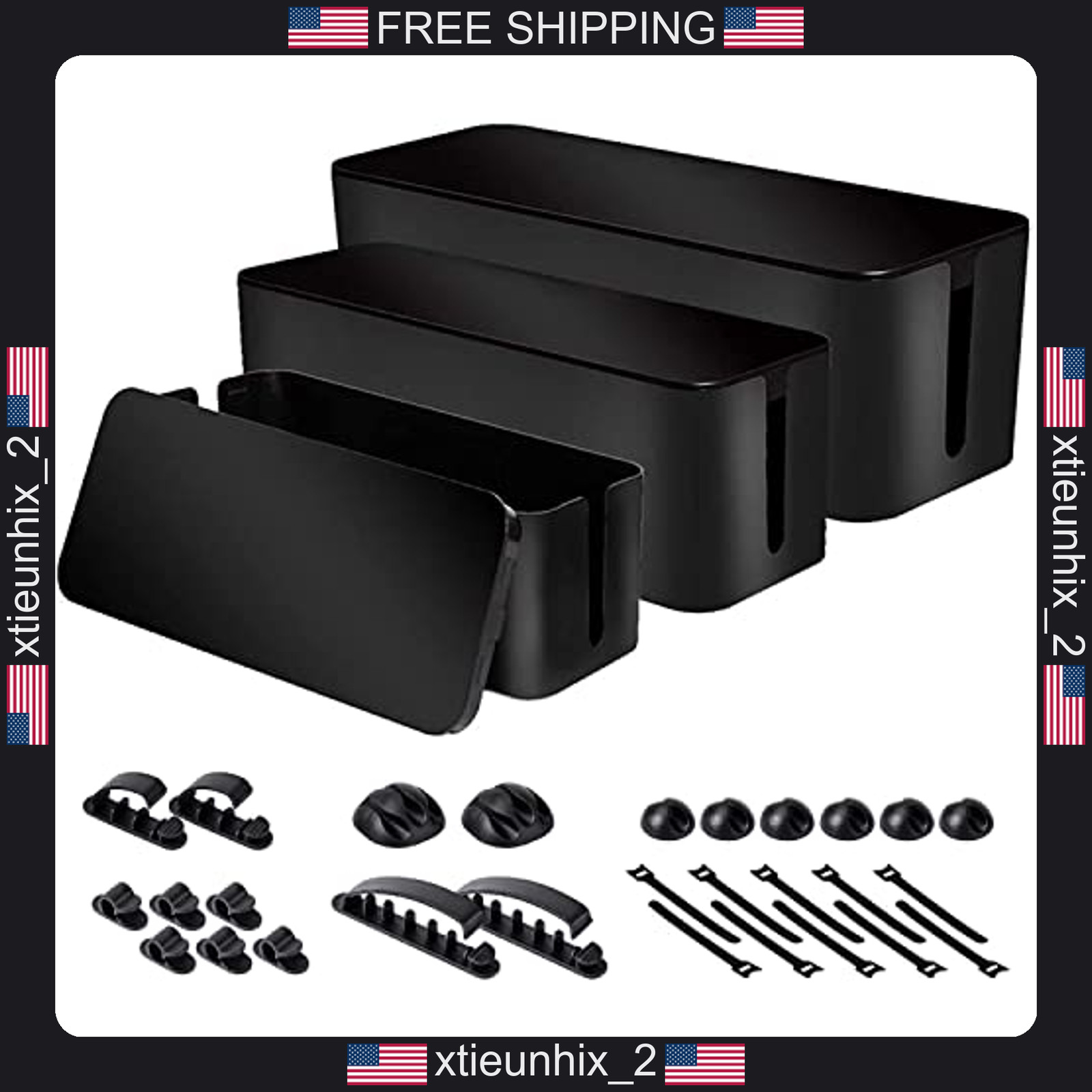 Cable Organizer Box Set with Cable Clips and Ties, 3 Sizes for Surge Protectors