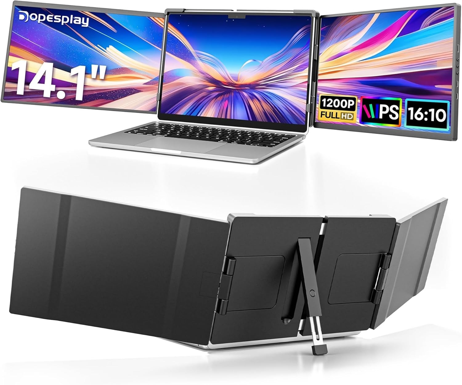 Used  14.1" Triple Portable Monitor FHD IPS Laptop Screen Extender Fits 14"-17"