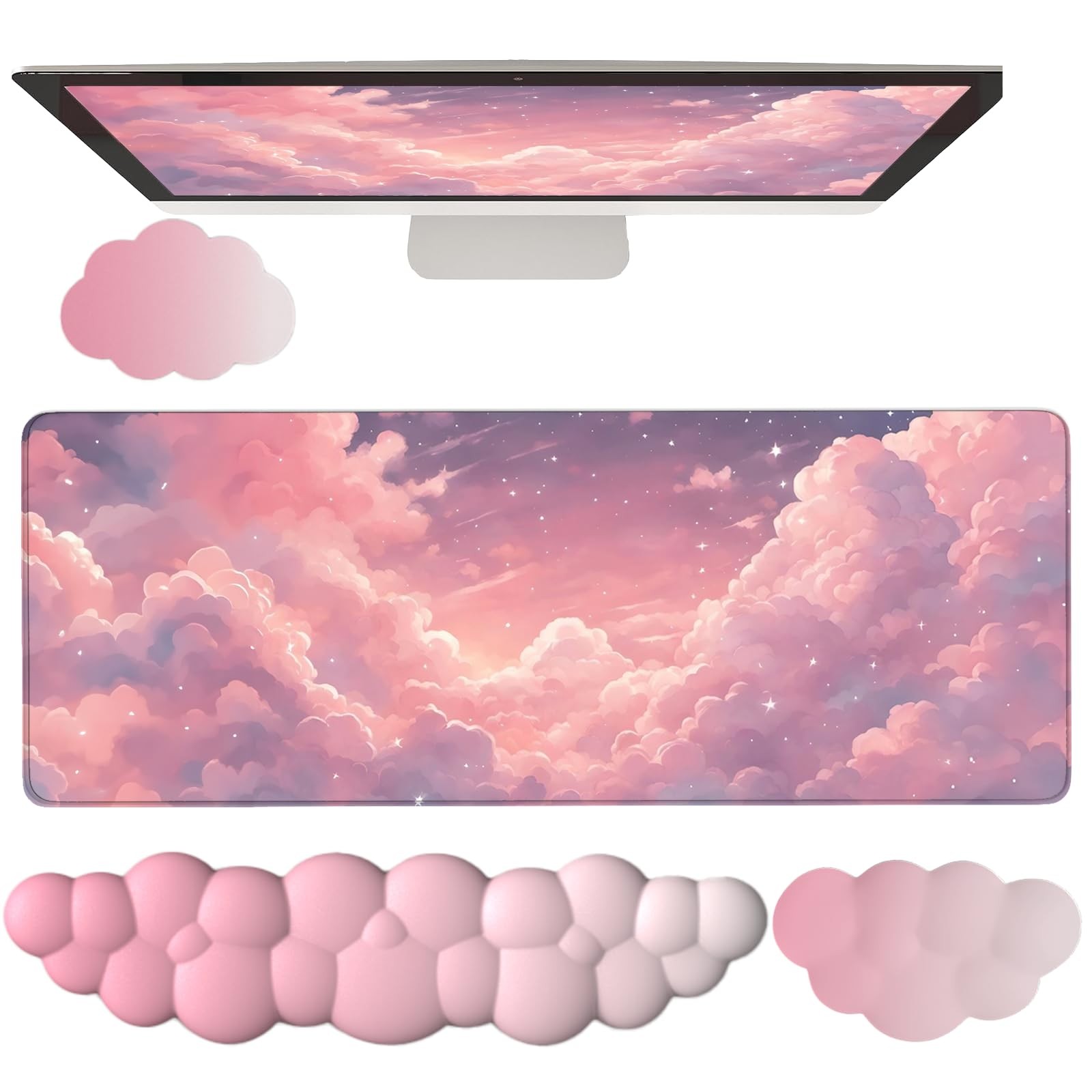 Pink Cloud Large Mouse Pad for Desk Cloud Keyboard Wrist Rest 4PCS Extended C...