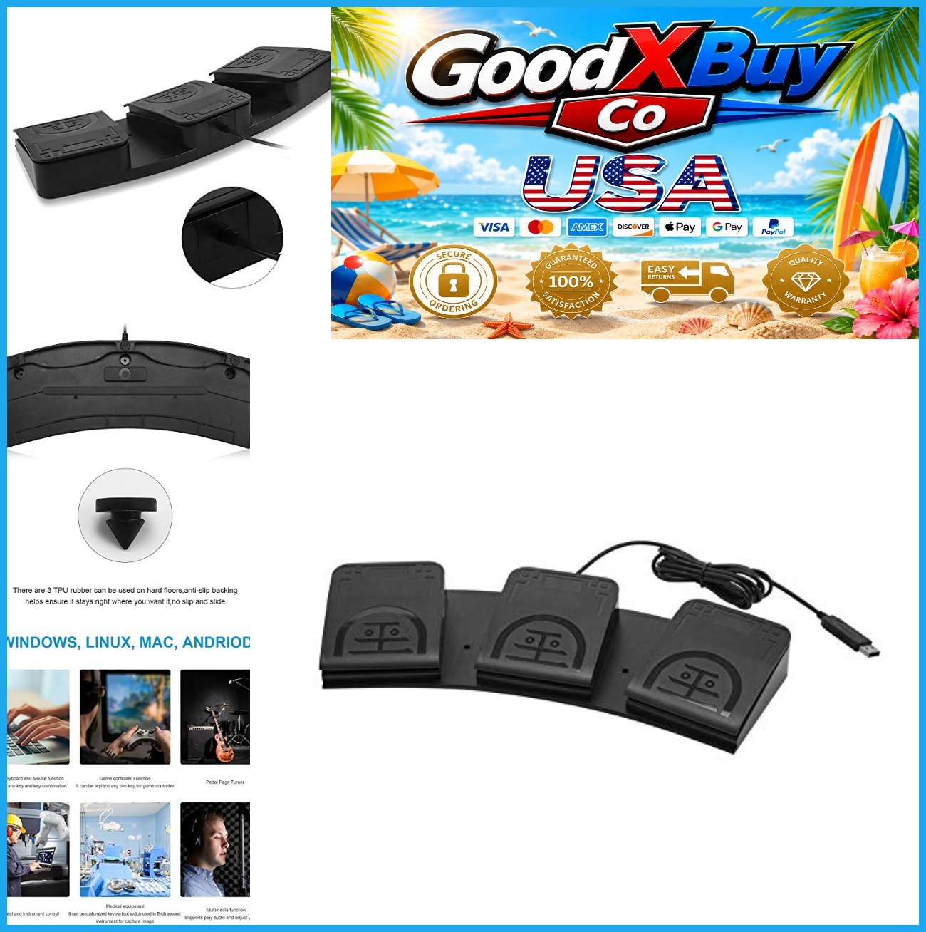 USB Triple Foot Pedal Switch Programmable Keyboard Mouse Control 3 Key
