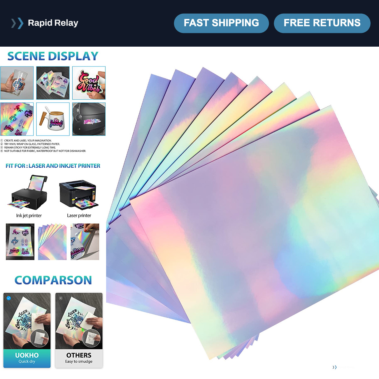 50 Sheets Holographic Sticker Paper for Inkjet & Laser Printers - 8.5x11" Craft
