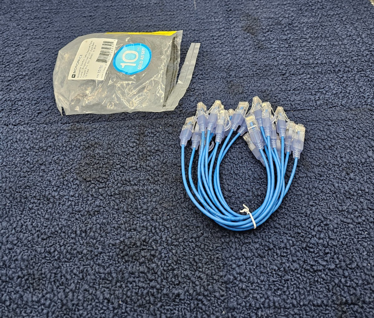 (QTY 10) MONOPRICE  15150 Cat6A, 10G SlimRun 1FT ETHERNET PATCH CABLE BLUE