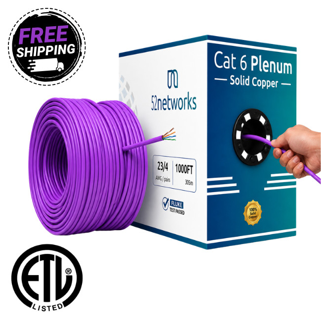 52Networks 1000FT Cat6 Plenum Solid Copper UTP Cable Purple - ETL Listed