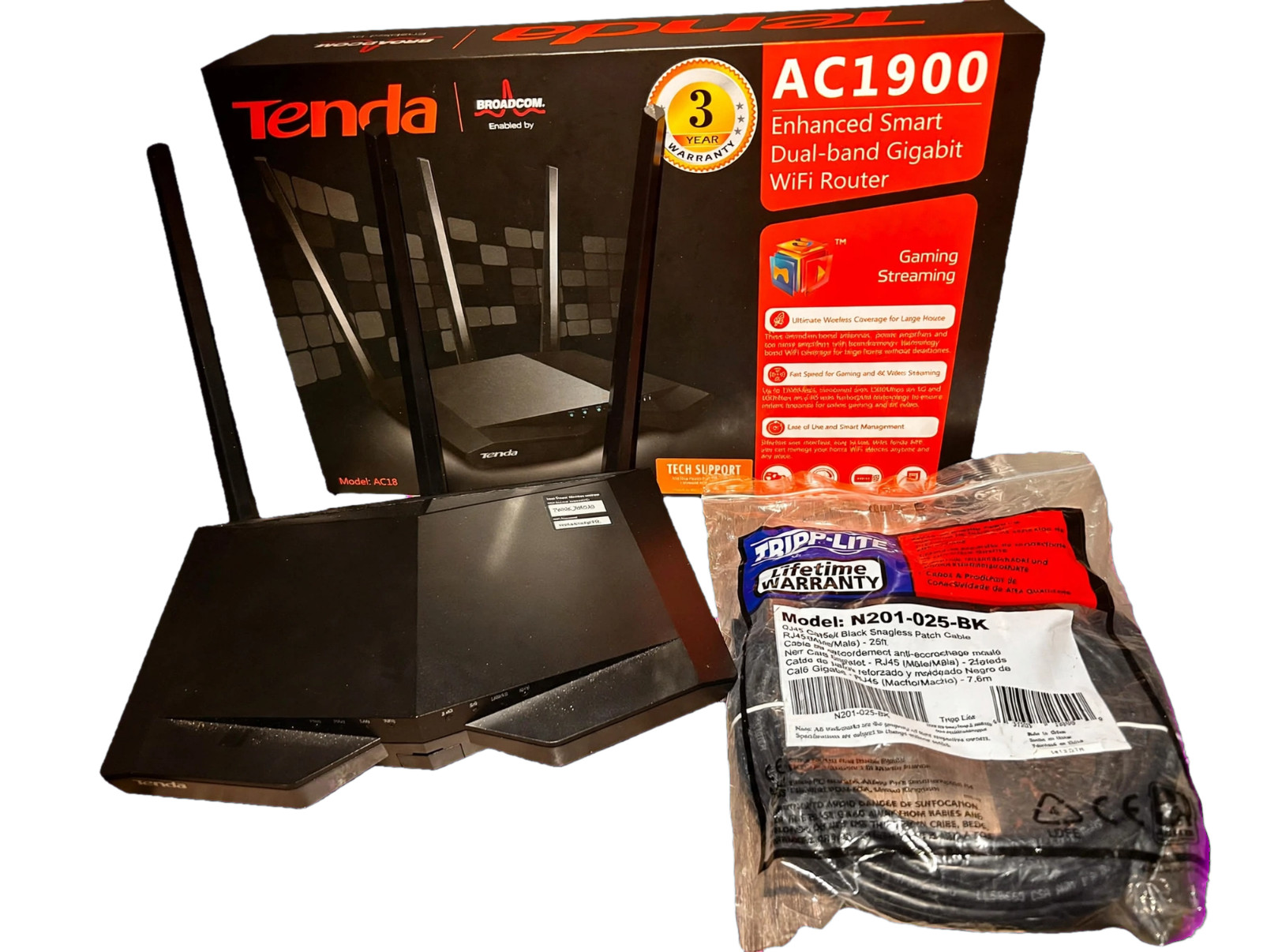 Tenda AC18 AC1900 Router Pre-owned Complete Box + 25ft Tripp-Lite Cat6
