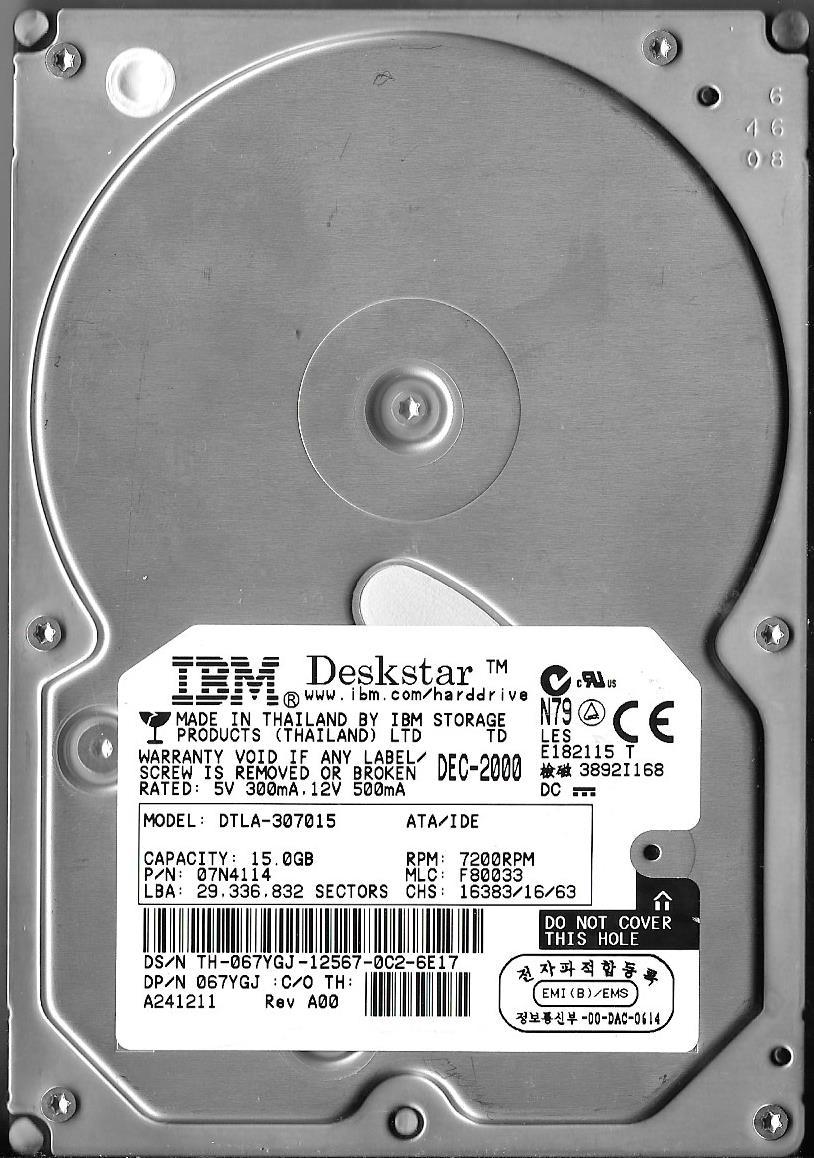 IBM DTLA-307015 15GB IDE Hard Drive P/N: 07N4114  MLC: F80033