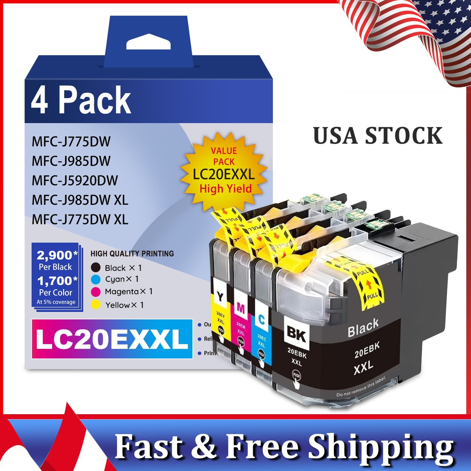 LC20EXXL 4PK Ink Cartridges replacement MFC-J775DW J985DW J5920DW Printers