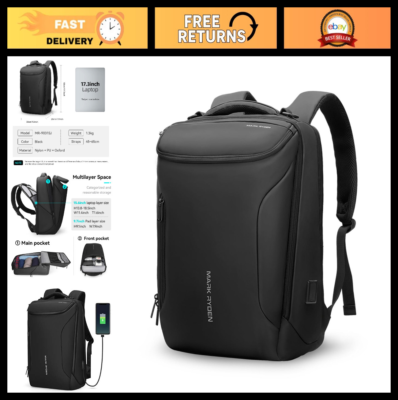 Waterproof 17.3" Laptop Backpack for Men | USB Charging, Professional Work & Tra