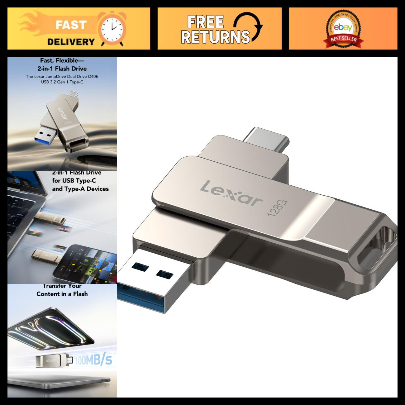 128GB Dual USB 3.2 Type-C Flash Drive - High-Speed Portable Storage, Champagne S