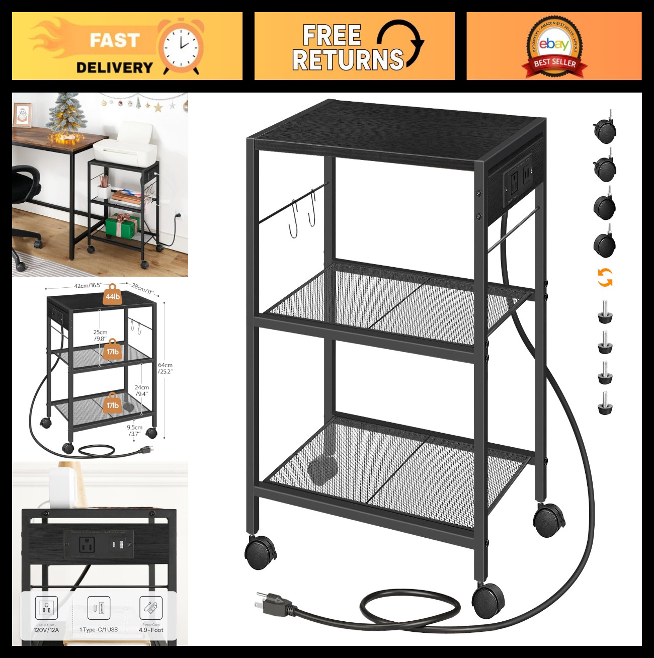 3-Tier Mobile Printer Stand with Power Outlets & USB Ports, Rolling Cart for Off