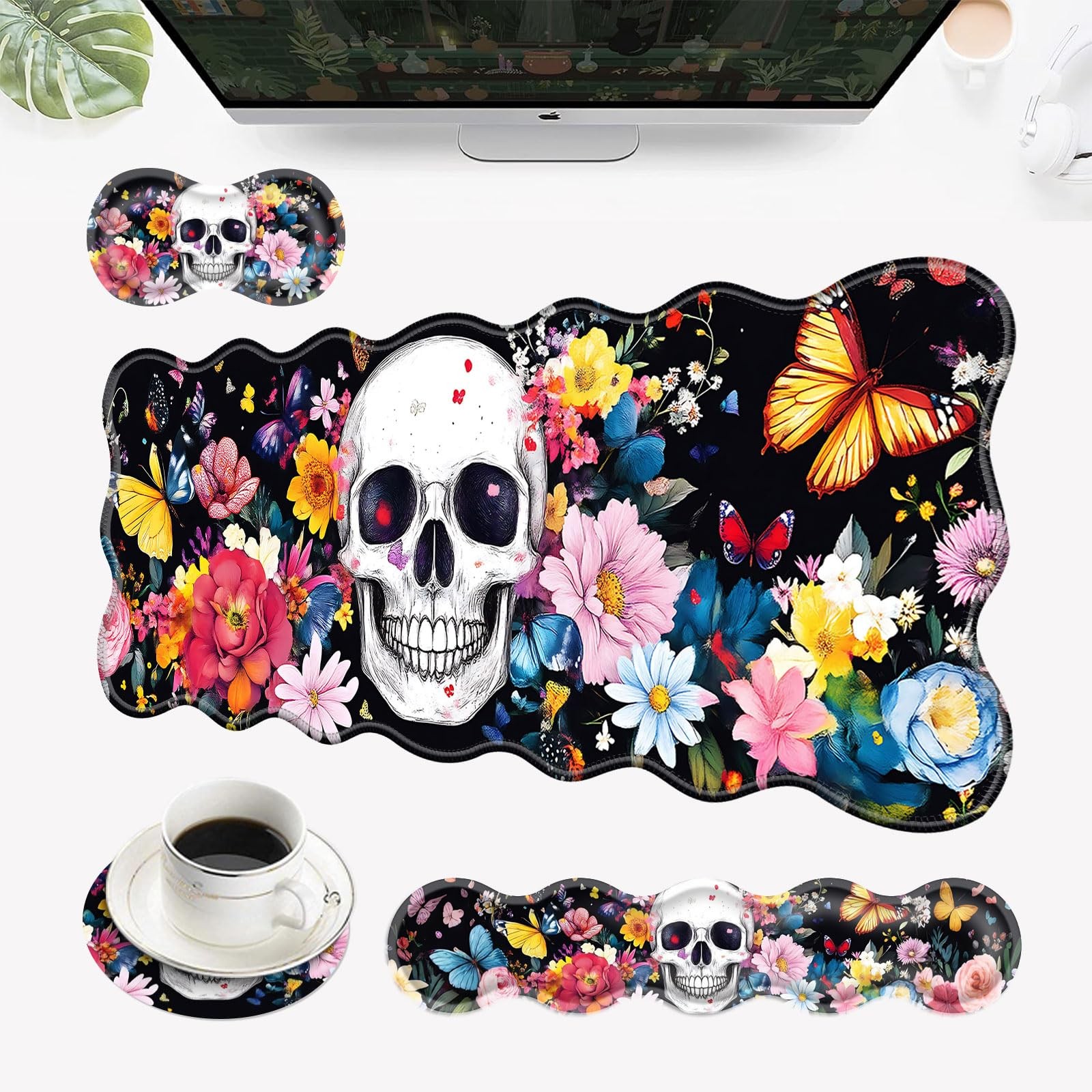 4 In 1 Large Desk Mat Mouse Pad With Wrist Rest Skull Flowers Butterfly