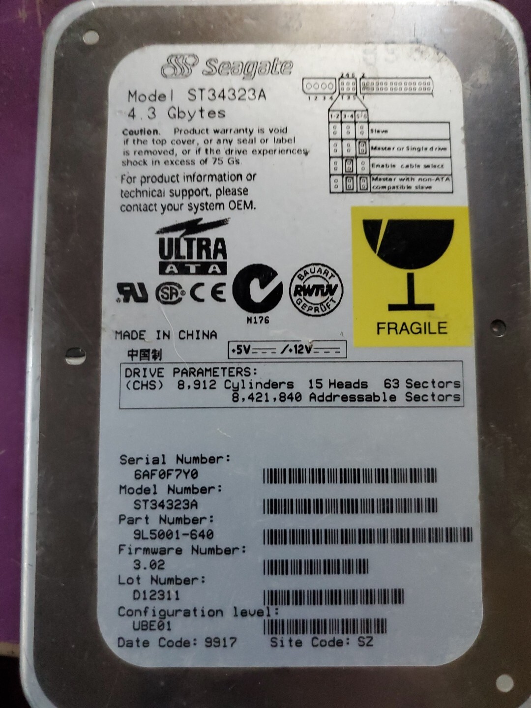 Seagate ST34323A 4.3gb 304.3oz5001-034 3.02 24002650 6AF0RHYD 3.5 HDD Ide
