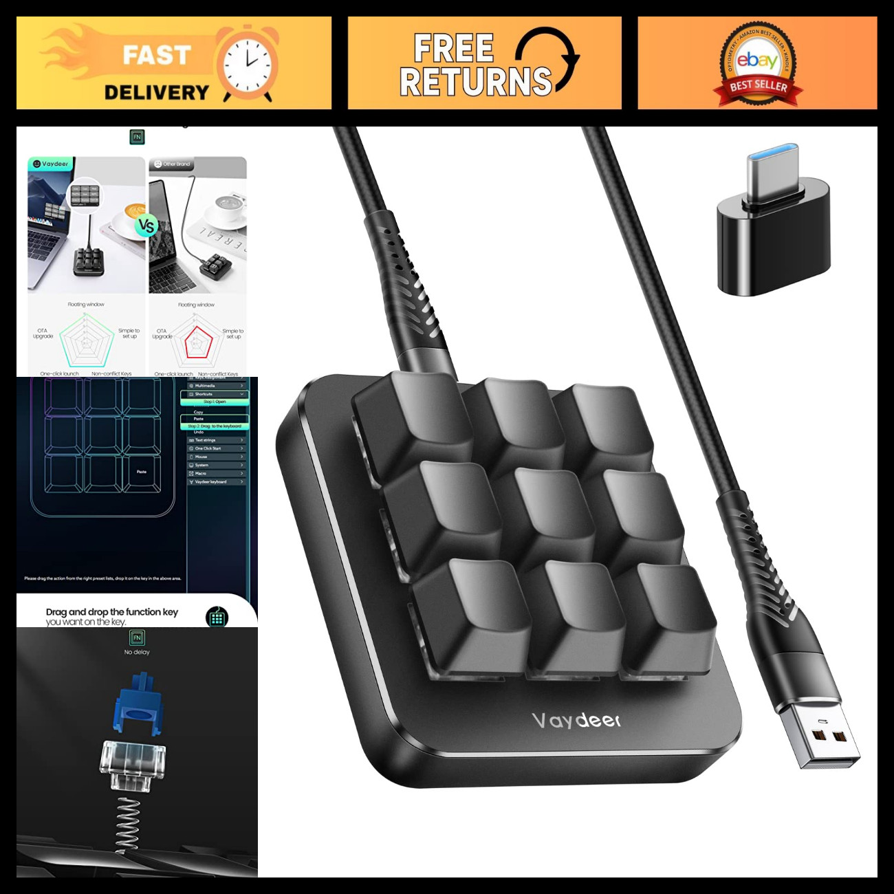 One-Handed Mechanical Gaming Keyboard with NKRO, 9 Programmable Hotkeys, Macro K