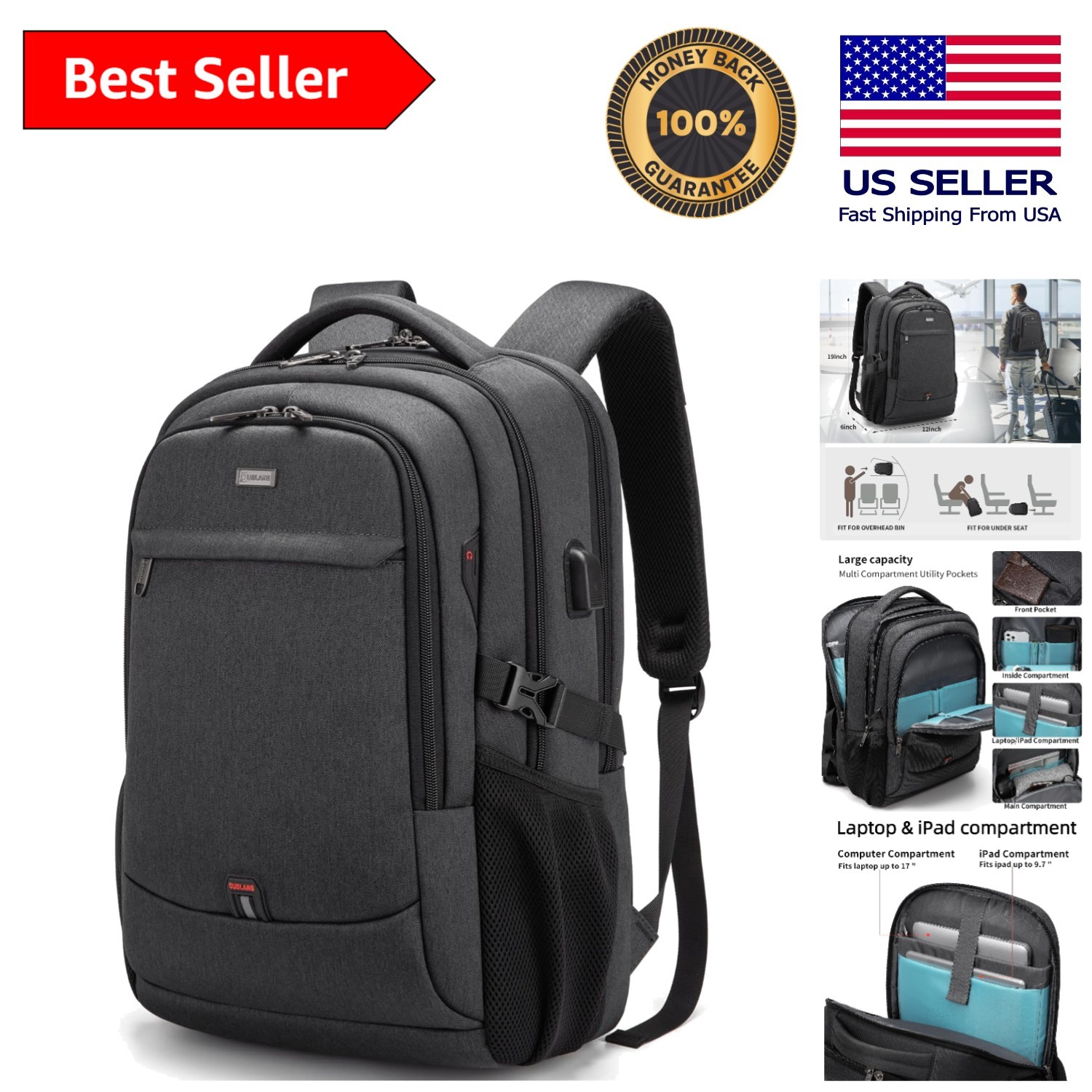 Versatile 17-Inch Laptop Backpack - Water-Resistant with Organized Storage & USB