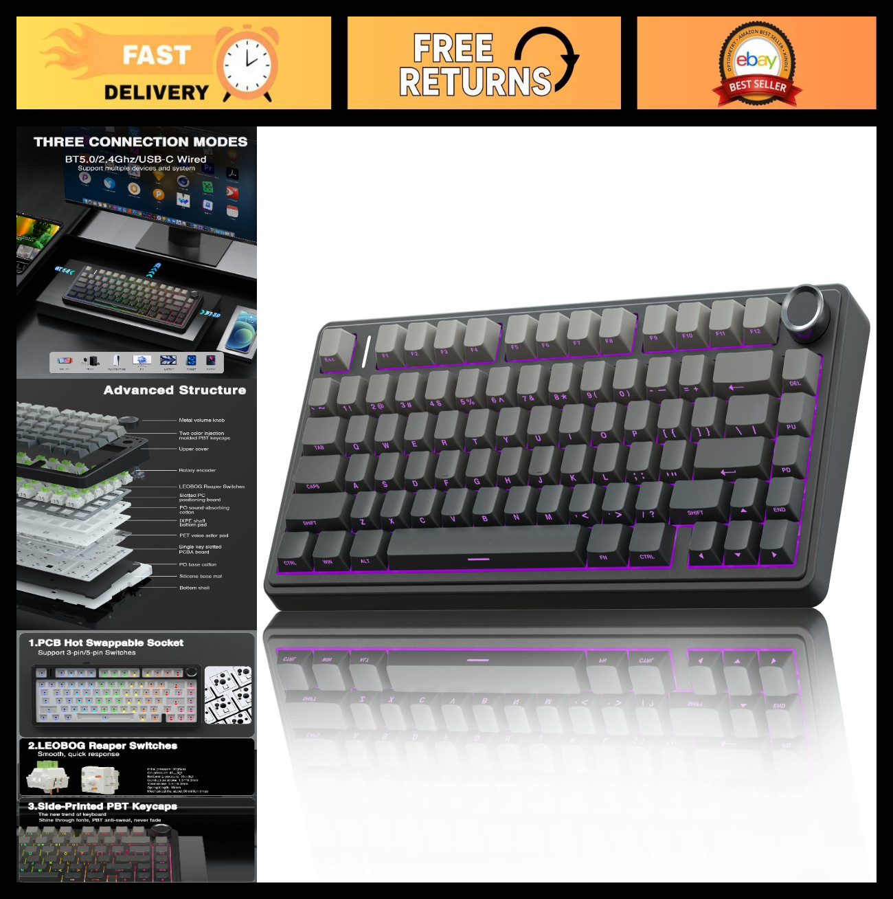 F75 Pro Wireless Mechanical Keyboard, 75% Hot Swappable Custom Keyboard with
