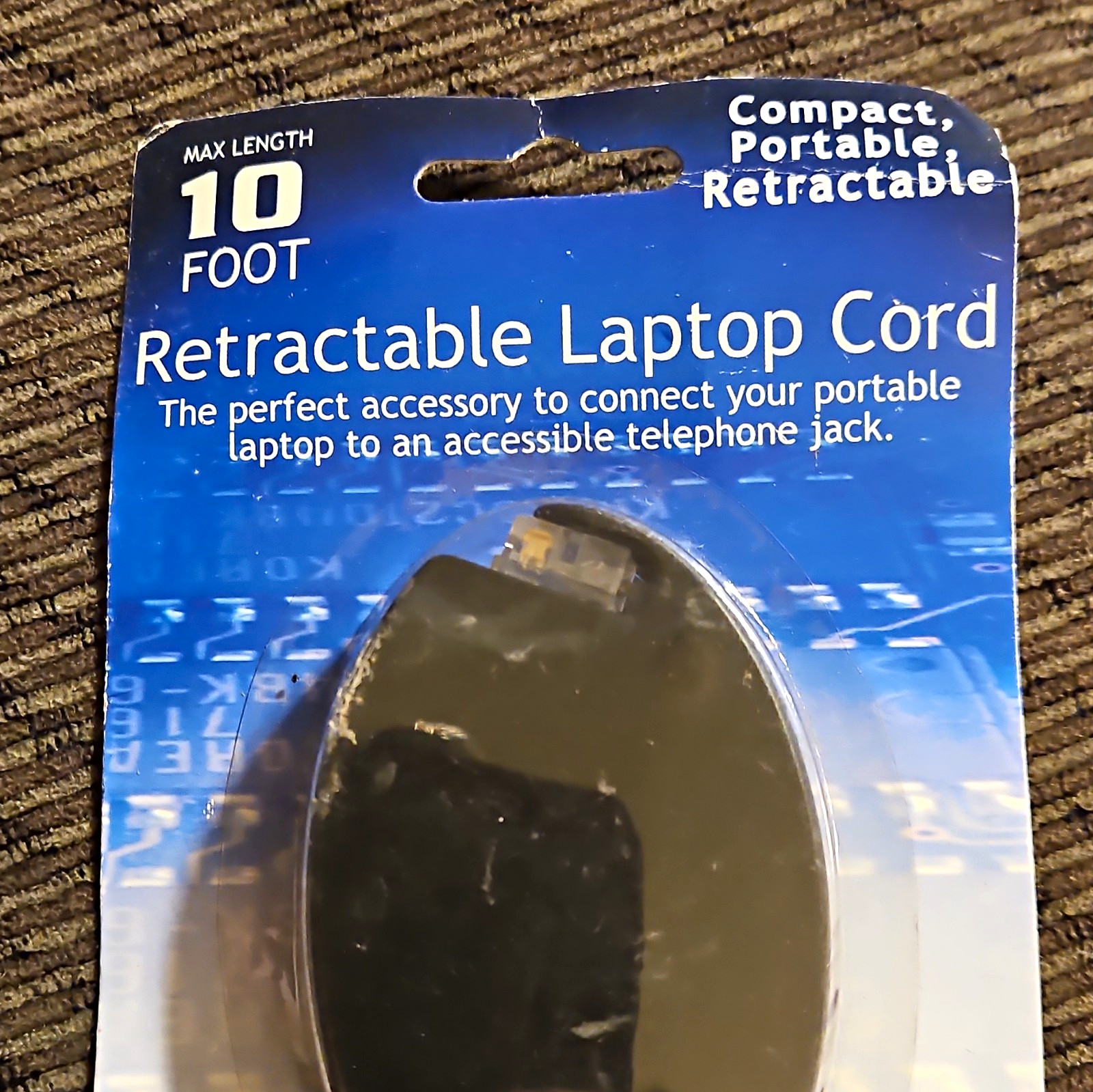 Retractable Portable RJ-11 Phone/DSL Cable, 10 ft, Black, Male to Male