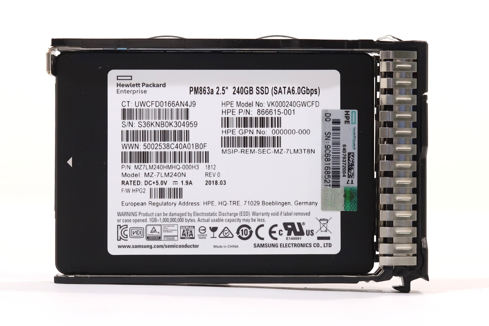 HPE VK000240GWCFD PM863a 240GB 2.5" 6Gb/s RI MLC SATA SSD W/Caddy P/N:866615-001