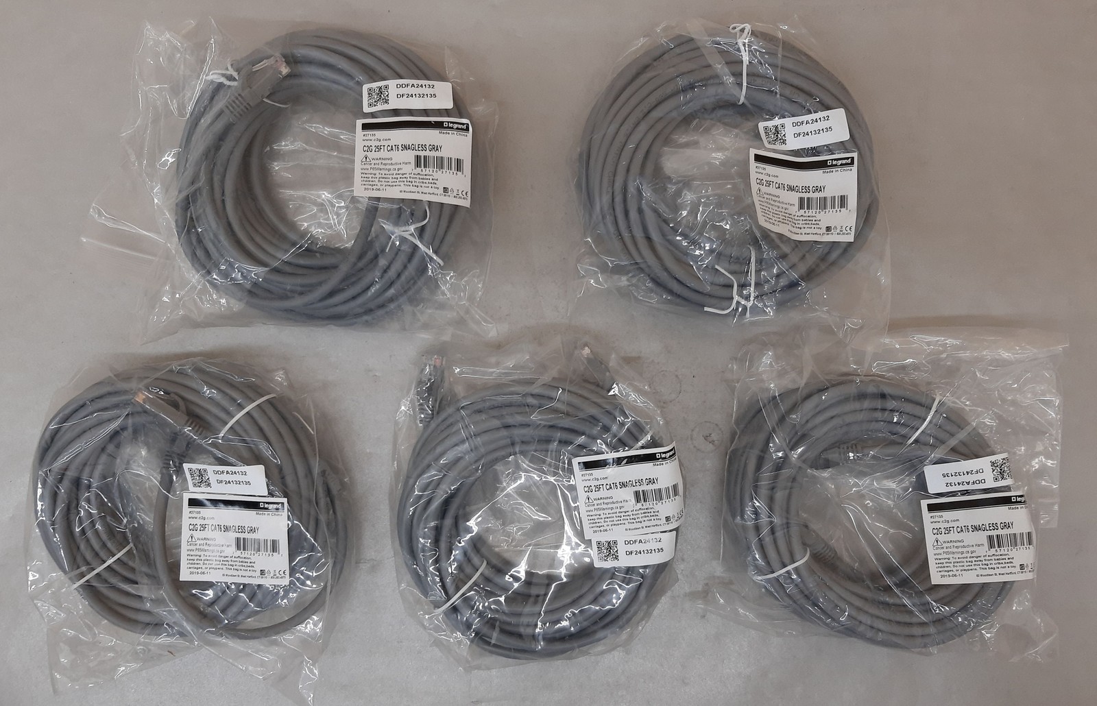 Qty 5 C2G 25' Cat6 Snagless Unshielded Ethernet Network Patch Cable Gray 27135
