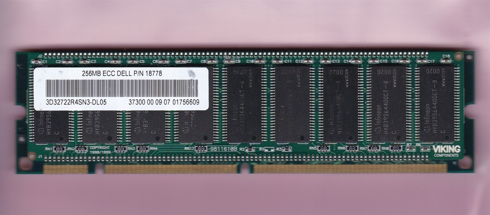 256MB DELL PC-100R 18778 3D32722R4SN3-DL05 VIKING SDRAM ECC PC100R RDIMM STICK