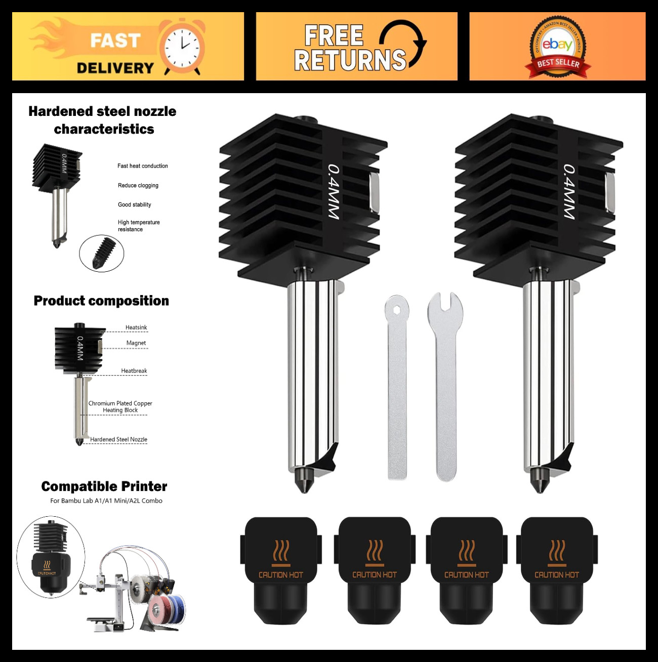2 Pack 0.4mm Mini Hotend Kit for 3D Printers | Precision Leak-Proof Nozzles, Hea