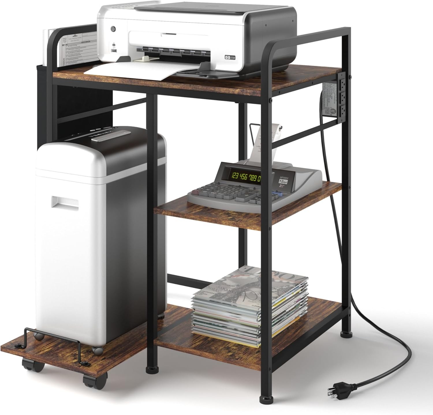 3‑Tier Printer Stand with Full Pull‑Out Rolling Cart for Shredder or PC Tower