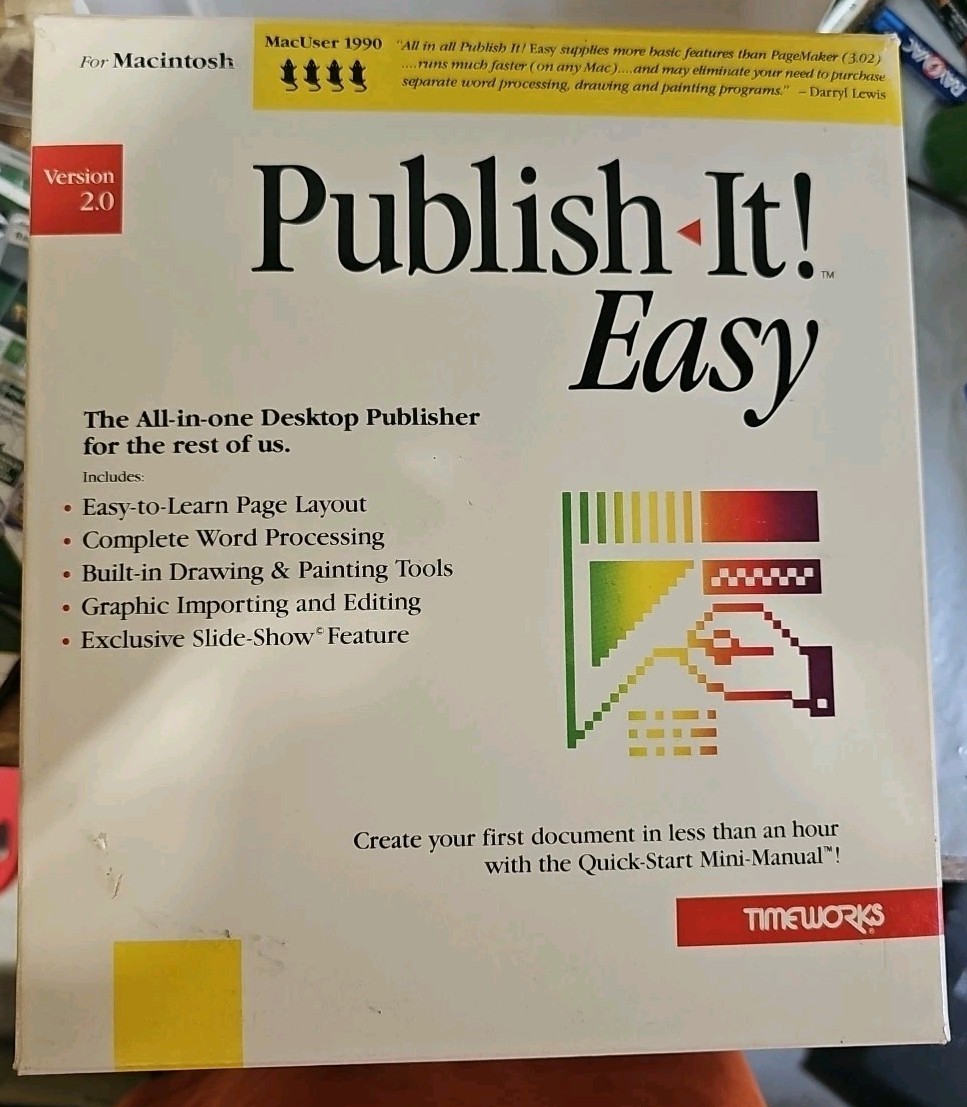 Publish It Easy Ver 2.0 Vintage Software Macintosh 3.5" Floppy Bigbox1990 Mac G1