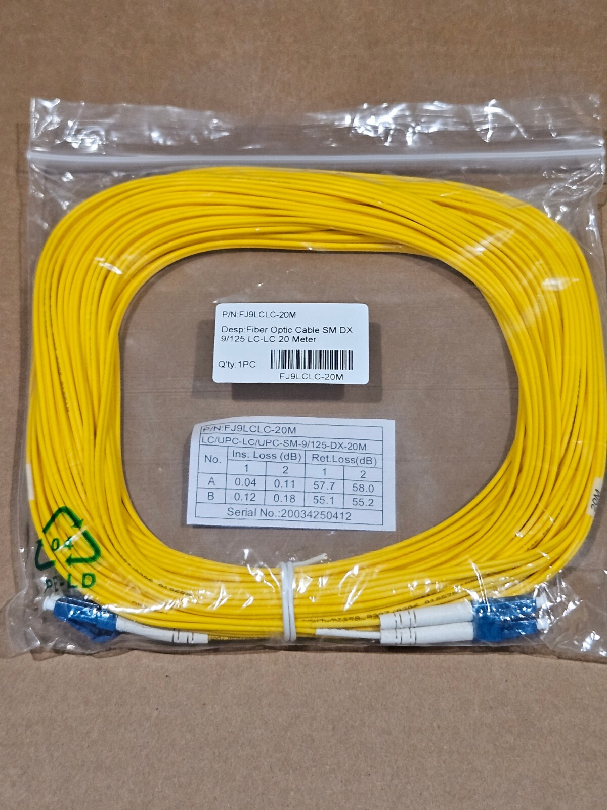 FJ9LCLC-20M SM DX 9/125 LC-LC 20 Meter Fiber Optic Cable