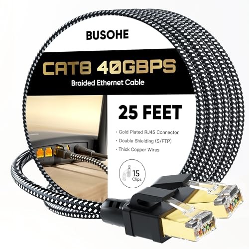 Busohe Cat 8 Ethernet Cable 25 ft 15 Clips Black High Speed 40Gbps 2000Mhz
