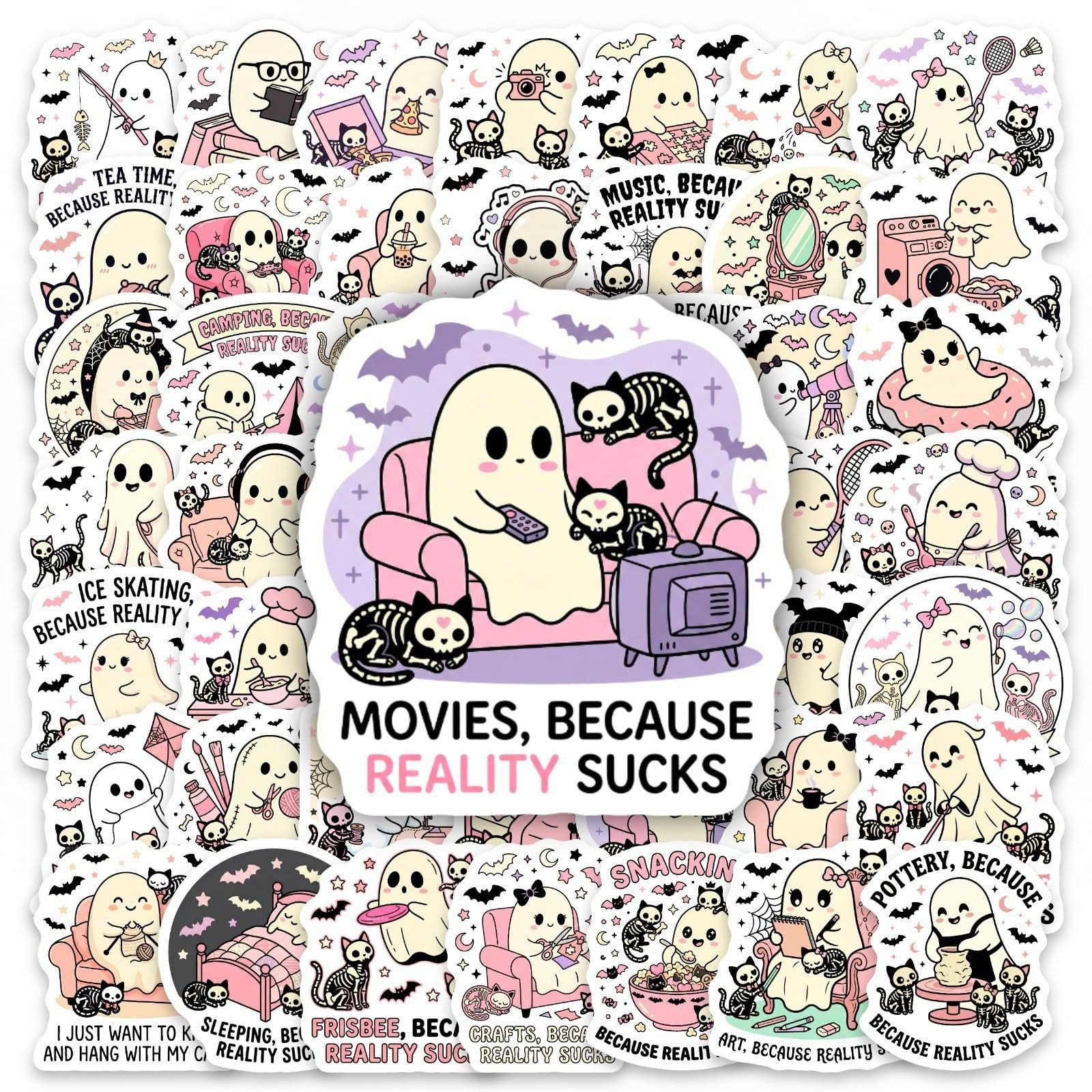 100 PCS Funny Gothic Ghost Cat Sticker 1.5-2.5 inches, Multicolor