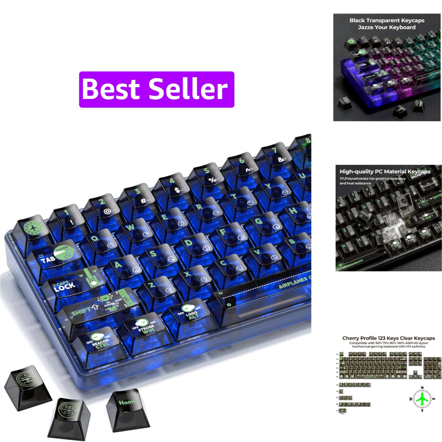 XVX Clear Keycaps, Transparent Keyboard Keycaps, Black Crystal Keycap Set, Ch...