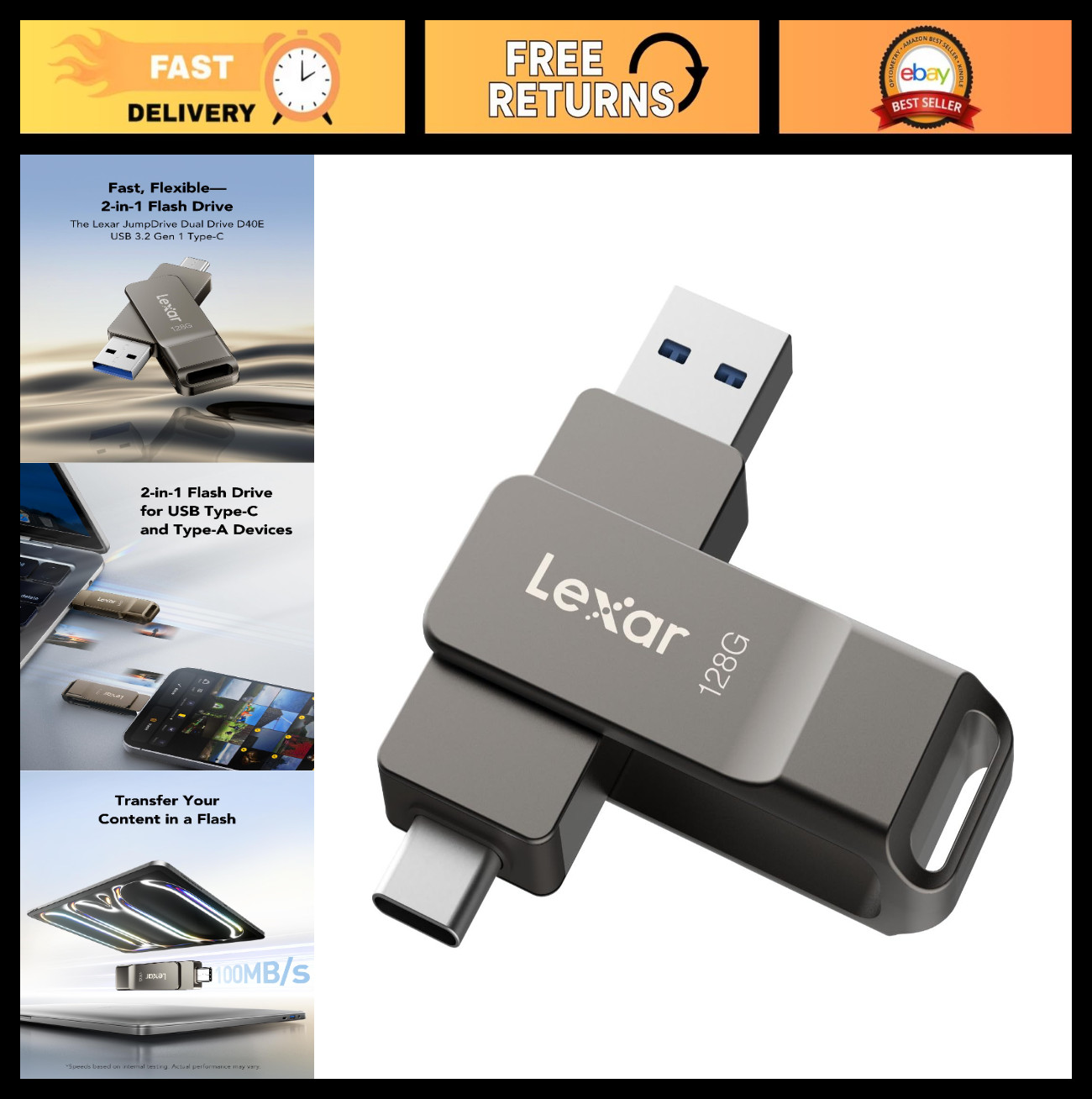 128GB USB-C Flash Drive, Dual USB 3.2 Thumb Drive, Metal Swivel Design, Portable