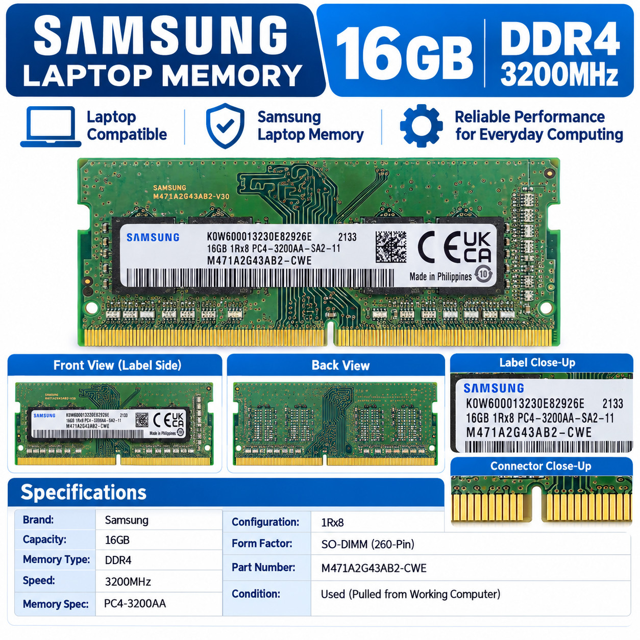 Samsung 16GB DDR4 3200MHz Laptop RAM SO-DIMM M471A2G43AB2-CWE PC4-3200AA